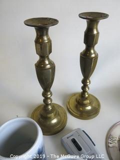 Collectable: Collection including (3) Danish Ceramic Mugs, a Glass Trinket Box, a pair of brass candlesticks and a Danish marked shallow silver bowl 