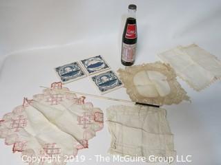 Collected including fine lace, 1983 Washington Redskins Super Bowl Coke Bottle; 3 Holland America Tiles and "Sammy Kaye" Big Band Baton