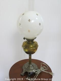 Collectible: Kerosene lamp: Electrified: Metal Table Lamp; 27" T with milk glass globe shade (gold Fleur-de-lees highlights  