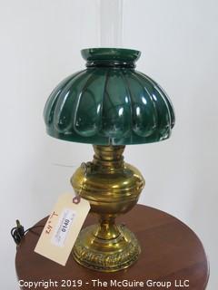 Collectible: Kerosene lamp: Electrified: Metal Base Table Lamp; 24" T with green petal embossed shade