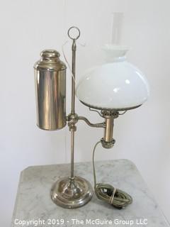 Collectible: Kerosene lamp: Electrified: Off-set Table Lamp; 22" T with white milk glass shade