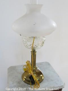 Collectible: Kerosene lamp: Electrified: Metal Base Table Lamp; 27" T with clear glass reservoir and frosted curved milk glass shade