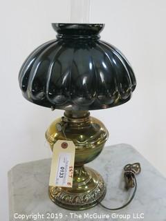 Collectible: Kerosene lamp: Electrified: Metal base Table Lamp; 25" T with petal embossed green shade 