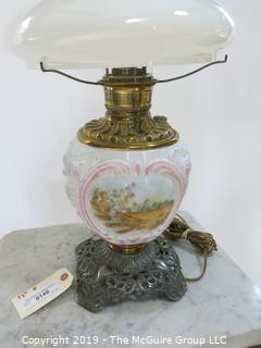 Collectible: Lamp: Electrified: 23" T metal Base, Painted mid-globe, curved milk glass shade