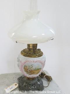 Collectible: Lamp: Electrified: 23" T metal Base, Painted mid-globe, curved milk glass shade