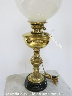 Collectible: Kerosene lamp: Electrified: Metal Base Table Lamp; 29" T with milk glass globe shade