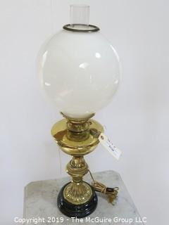 Collectible: Kerosene lamp: Electrified: Metal Base Table Lamp; 29" T with milk glass globe shade