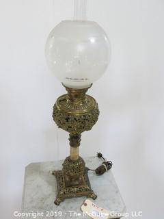 Collectible: Kerosene lamp: Electrified: Tall Metal Base Table Lamp; 33" T with round frosted patterned globe