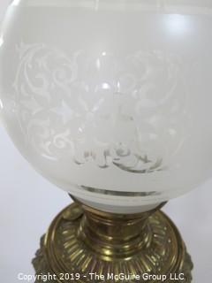 Collectible: Kerosene lamp: Electrified: Tall Metal Base Table Lamp; 33" T with round frosted patterned globe