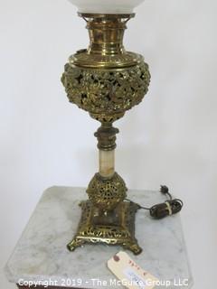 Collectible: Kerosene lamp: Electrified: Tall Metal Base Table Lamp; 33" T with round frosted patterned globe