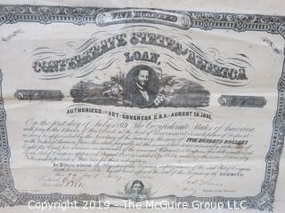 Collectible: Historic: 19 x 20 Framed Under Glass "Five Hundred Dollar" Loan Certificate issued by the Confederate States of America; No. 919 along with $20 Repayment Coupons"  