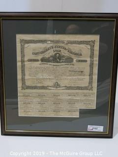 Collectible: Historic: 19 x 20 Framed Under Glass "Five Hundred Dollar" Loan Certificate issued by the Confederate States of America; No. 919 along with $20 Repayment Coupons"  