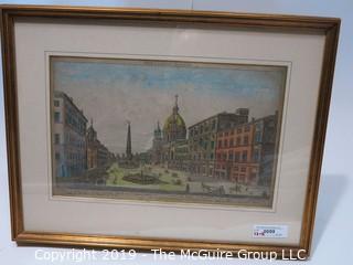 Art: Historic: 18 x 23 Famed Colored Lithograph under glass of "Place de Varona in Rome"; 1780  