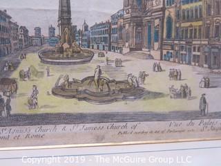 Art: Historic: 18 x 23 Famed Colored Lithograph under glass of "Place de Varona in Rome"; 1780  