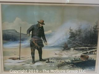 Art: Historic: Fishing: 28 x 35" N. Currier Lithograph of Ice Fishing Scene by A. F. Fait; 1856