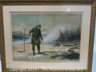 Art: Historic: Fishing: 28 x 35" N. Currier Lithograph of Ice Fishing Scene by A. F. Fait; 1856