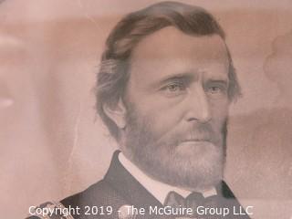 Art: Historic: 15 x 19" Framed Under Glass Lithograph featuring General Ulysses S. Grant; surrounded by battle scenes; engraved and published by J.C. Buttre, NY