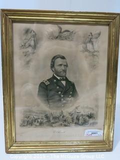 Art: Historic: 15 x 19" Framed Under Glass Lithograph featuring General Ulysses S. Grant; surrounded by battle scenes; engraved and published by J.C. Buttre, NY