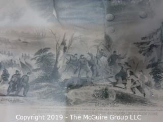 Art: Historic: 15 x 19" Framed Under Glass Lithograph featuring General Ulysses S. Grant; surrounded by battle scenes; engraved and published by J.C. Buttre, NY