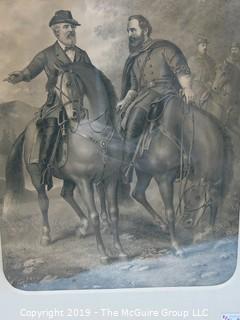 Art: Historic: 27 x 32" Framed Under Glass Lithograph of Gen. R.E. Lee and Gen S. Jackson on Horseback with Civil War Soldiers in Background  