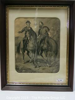 Art: Historic: 27 x 32" Framed Under Glass Lithograph of Gen. R.E. Lee and Gen S. Jackson on Horseback with Civil War Soldiers in Background  