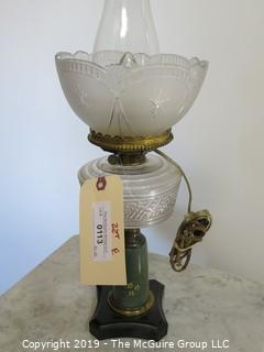 Collectible: Kerosene lamp: Electrified: Electrified Table Lamp; 22"T Stone base with glass reservoir and inverted shade.