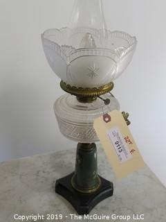 Collectible: Kerosene lamp: Electrified: Electrified Table Lamp; 22"T Stone base with glass reservoir and inverted shade.