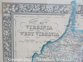 Art: Historic: 19 x 25"  Framed Under Glass Lithograph; "County Map of Virginia and West Virginia"; Drawn and Engraved by W. H. Gamble, Philadelphia