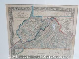 Art: Historic: 19 x 25"  Framed Under Glass Lithograph; "County Map of Virginia and West Virginia"; Drawn and Engraved by W. H. Gamble, Philadelphia