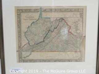 Art: Historic: 19 x 25"  Framed Under Glass Lithograph; "County Map of Virginia and West Virginia"; Drawn and Engraved by W. H. Gamble, Philadelphia