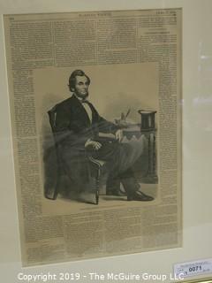 Art: Historic: 19 x 25" Framed Under Glass Page of 1861 Harper's Weekly Pres. A. Lincoln seated