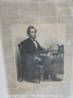 Art: Historic: 19 x 25" Framed Under Glass Page of 1861 Harper's Weekly Pres. A. Lincoln seated