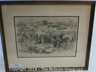 Art: Historic: 17 x 21 1/2" Framed Under Glass Lithograph of Battle of Dranesville Dec. 20, 1862 