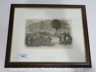 Art: Historic: 13 x 16" Framed Under Glass Colored Lithograph captioned: "Professor Lowe Making a Balloon Ascension on a reconnoitering Expedition to Vienna"