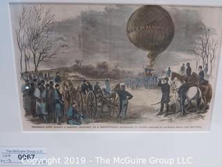 Art: Historic: 13 x 16" Framed Under Glass Colored Lithograph captioned: "Professor Lowe Making a Balloon Ascension on a reconnoitering Expedition to Vienna"