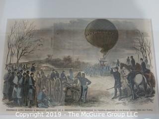 Art: Historic: 13 x 16" Framed Under Glass Colored Lithograph captioned: "Professor Lowe Making a Balloon Ascension on a reconnoitering Expedition to Vienna"