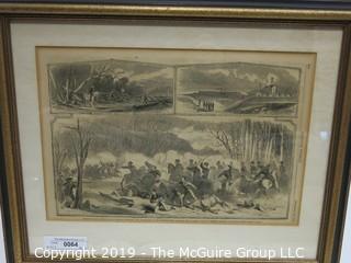 Art: Historical: 17 x 21 Framed Under Glass Lithograph of Several Civil War Skirmishes in Northern Virginia including Hunter's Mill 