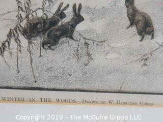 Art: Collectible: Rabbits: 25 x 31" Framed Under Glass Lithograph titled: "Winter in the Woods", drawn by W. Hamilton Gibson