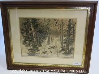 Art: Collectible: Rabbits: 25 x 31" Framed Under Glass Lithograph titled: "Winter in the Woods", drawn by W. Hamilton Gibson