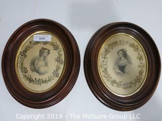 Art: Historic: Pair of 11 x 13" Oval Framed Victorian Ladies Lithographs