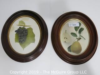 Art: Historic: 11 x 13 Pair of Fruit prints (Pear and Grapes) in Oval Wood Frames