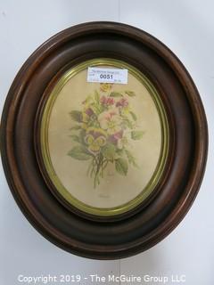 Art: Historic: Floral: 11 x 14 Oval Framed Under Glass Floral Colored Lithograph of Pansy bouquet