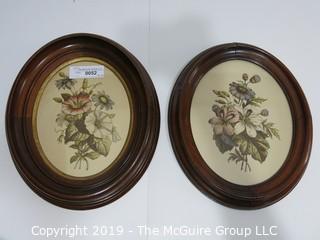 Art: Historic: Floral: two 11 x 14 Oval Framed Floral Colored Lithographs 