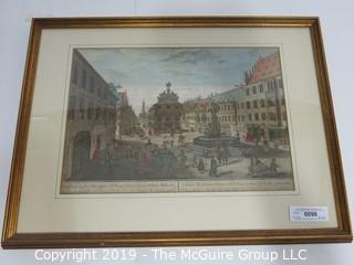 Art: Historic: 17 x 23" Framed Colored Lithograph of Ancient Piazza