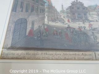 Art: Historic: 17 x 23" Framed Colored Lithograph of Ancient Piazza