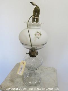 Collectibles: Kerosene lamp: Electrified: Pressed Glass Table Lamp with painted milk glass globe 