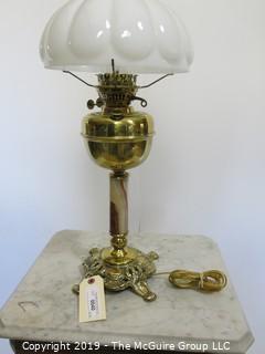 Collectibles:Kerosene lamp: Electrified: Metal Table Lamp with Milk Glass Shade embossed petals 