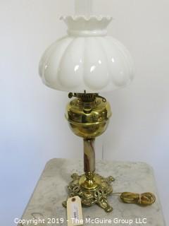 Collectibles:Kerosene lamp: Electrified: Metal Table Lamp with Milk Glass Shade embossed petals 