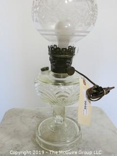 Collectibles: Kerosene lamp: Electrified: Clear Glass Table Lamp Base and  Etched Globe Shade 