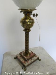 Collectibles: Kerosene lamp: Electrified: Metal Table Lamp Base with Embossed Milk Glass Globe